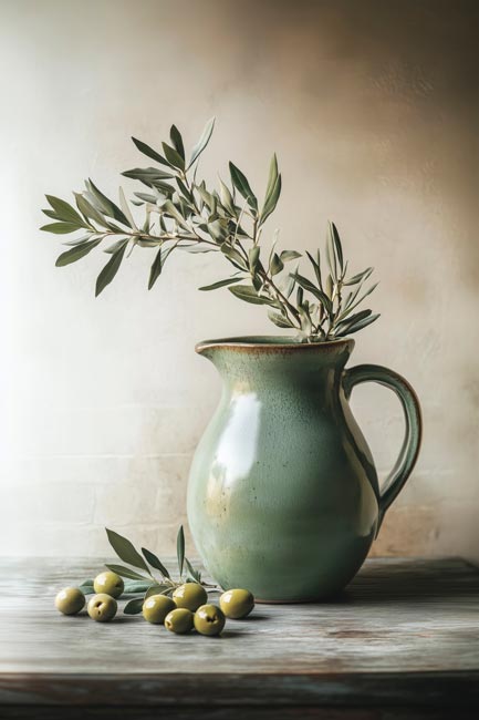 Stilleven met kruik en olijven