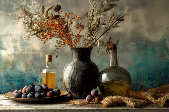 Stilleven met pruimen en olie